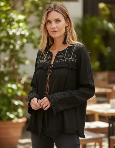 Saco Chaqueta Bordada Importada Boho Tipo Rapsodia Vars Negro M