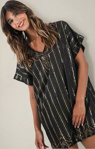 Vestido De Noche Fiesta De India Lurex Y Lentejuelas Negro Lineas Lurex Único
