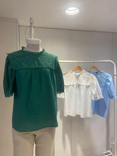 Blusa Con Cuello De Broderie Blanco Liso Xl