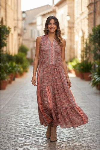 Vestido De Seda Hindú Largo Sin Mangas Mod. 9 Coral Estampado Único