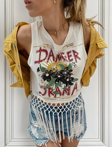 Remera Musculosa Top Flecos Negro Danger Drama Unico Estampado