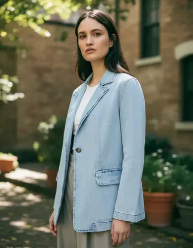 Saco Blazer De Jean Celeste Claro 2 Botón Normal L