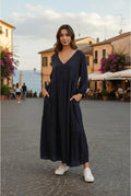 Vestido Manga Larga Simil Seda Negro Lisa Único