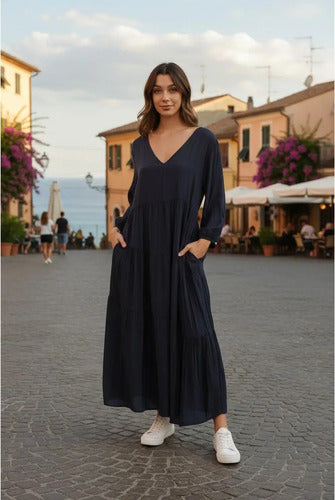 Vestido Manga Larga Simil Seda Negro Lisa Único