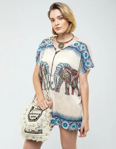 Blusa Remera Elefantes Importada Talle Grande Beige Único