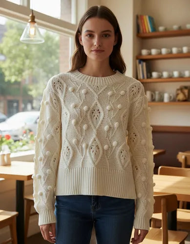 Sweater Tejido Folk Borlas Modelo Amplio Beige Liso Único