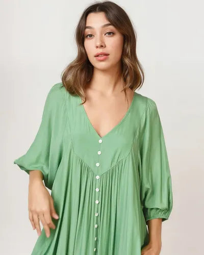 Vestido De Simil Seda Con Botones Verde Liso Único