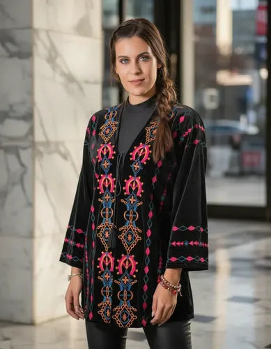 Saco Chaqueta Chiffon Bordada Velvet Fiesta Importada  Negro Único Liso