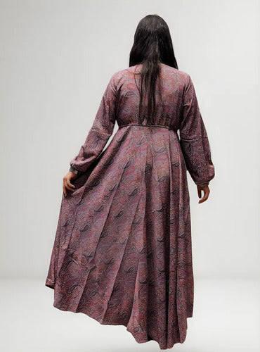 Vestido Largo Seda Hindú Manga Larga Naranja Estampado Único