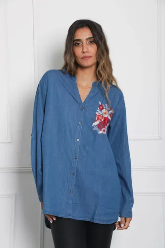 Camisa De Jean Bordada Importada Amplia