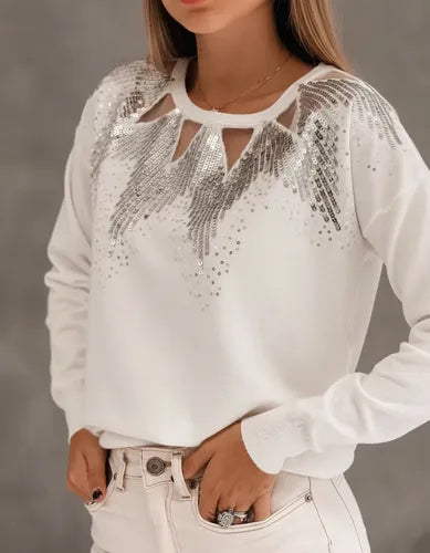 Sweater Bordado Importado Lentejuelas Paillettes Blanco U