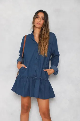 Vestido De Jean Con Volado Manga Larga Talle Grande Azul Lisa Xxl