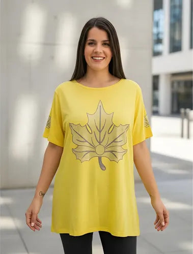 Remera  Modal Importada Talle Grande Strass Amarillo Hoja 5xl Lisa