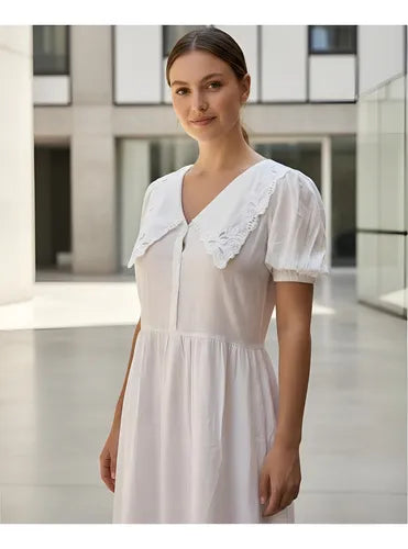 Vestido Lino Blanco Boho Con Cuello Blanco S