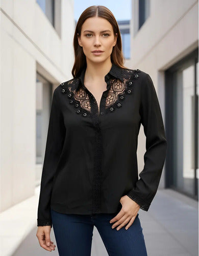 Camisa Importada Boho Perlas Y Puntillas (251) Negro L