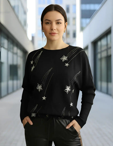 Sweater Tejido Importado Detalles  Strass Estrellas Negro U