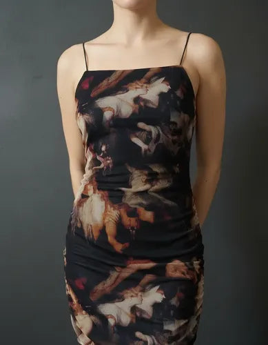 Vestido Al Cuero Fiesta Noche Estampado Arte Microtul Multicolor Estampado M