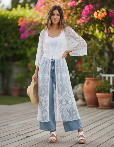 Kimono Boho Largo Amplio Blanco Único