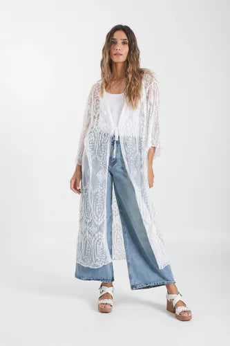 Kimono Boho Largo Amplio Blanco Único