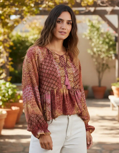 Blusa Hindú Modelo Amplio Rosa Estampado Único