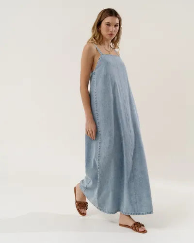 Vestido Jean Largo Solero Denim Nuevo De 2da Selección Celeste Liso S