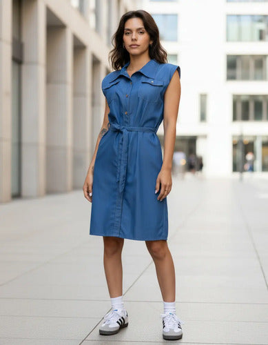 Vestido Símil Jean Denim Costura Contratono  Sin Mangas Azul Acero Lisa Único