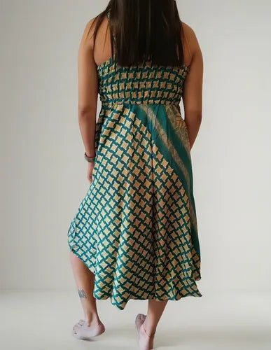 Vestido Solero Fiesta India Largo Medio Verde 1 Estampado Único
