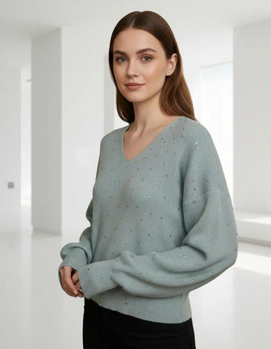 Sweater Tejido Morley Mangas Globo Y Hotfix Verde Agua Hotfix Único