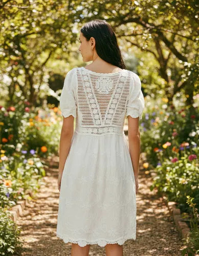 Vestido  Importado Crochet Bordado Boho Blanco Bordado S