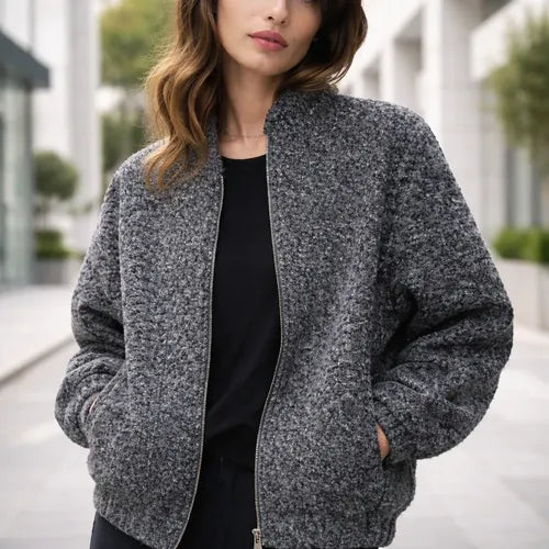 Campera Bomber De Bouclé Gris Oscuro Único Liso