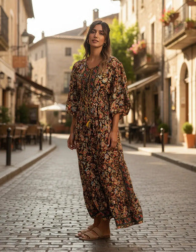 Vestido De Seda Hindú Largo Mod. 18 Negro Estampado Único