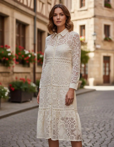 Vestido Camisero Abotonado De Encaje