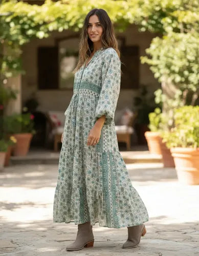 Vestido Largo De Seda Hindú Mod. 3 Crema Con Verde Estampado Único