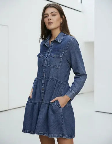 Vestido De Jean Denim Manga Larga