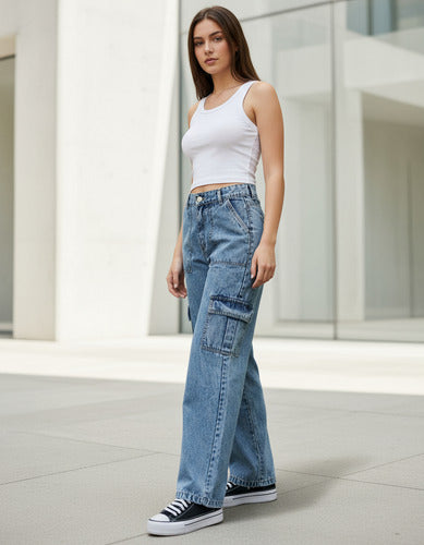 Jean Cargo Wide Leg Varna  Azul Liso 38