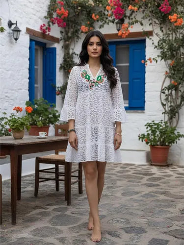 Vestido India Bordado Boho  Blanco Encaje Único