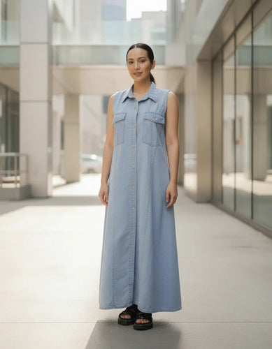 Vestido De Jean Abotonado Largo Maxi Denim Sin Mangas