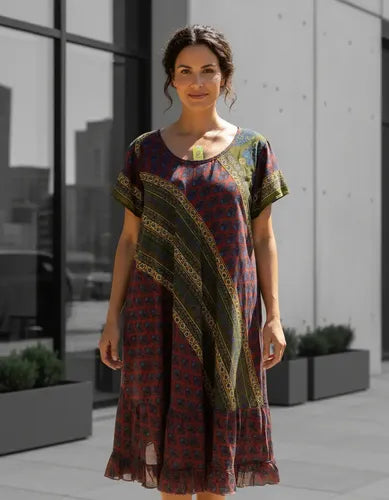 Vestido Seda Hindú Modelo Amplio Nuevo 2da Selección Bordó Estampado Único