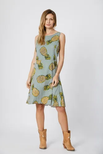 Vestido Importado Estilo Pin Up Ananas Nuevo 2da Selección Azul Rayas Único