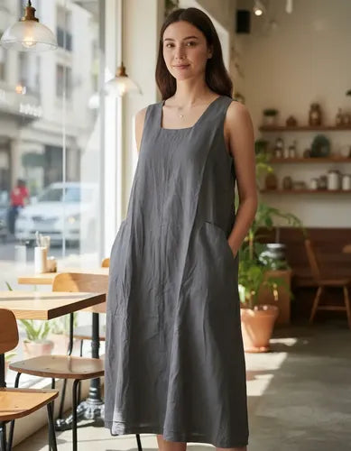 Vestido De Lino Escote Cuadrado Gris Lisa Único
