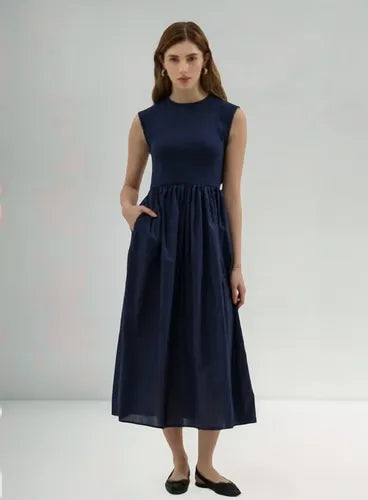 Vestido Largo Sin Mangas Combinado Con Ribb Y Poplin