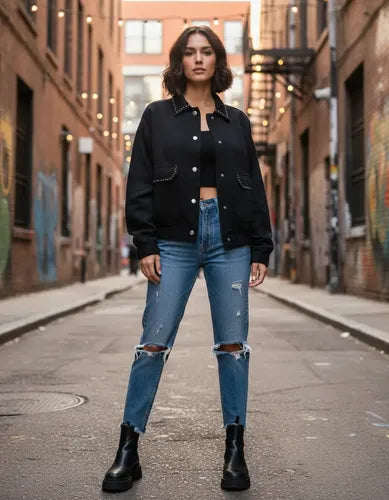 Campera De Gabardina Bomber Con Tachas Negro 40 Liso