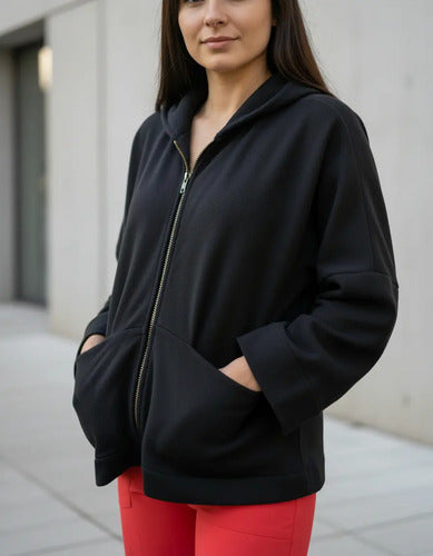 Campera Jogging Ag Sore Mujer Oversize Con Capucha Negro S Lisa