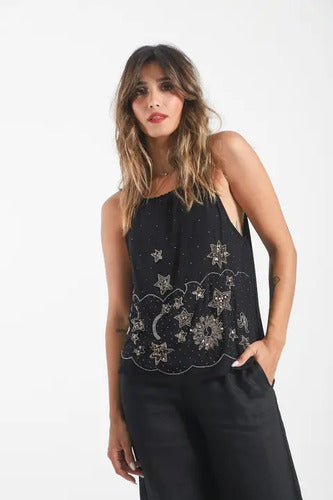 Blusa Top Musculosa Importada Lentejuelas Paillettes Negro Lentejuelas L