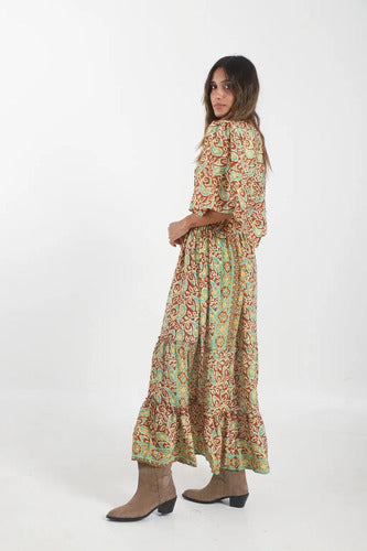 Vestido De Seda Hindú Largo Mod. 69 Marrón Claro Estampado Único