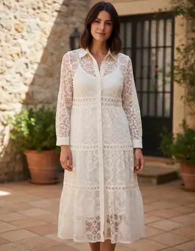 Vestido Camisero Abotonado De Encaje