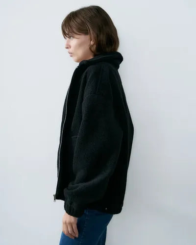 Campera Bomber Simil Paño Amplia Negro Único Liso