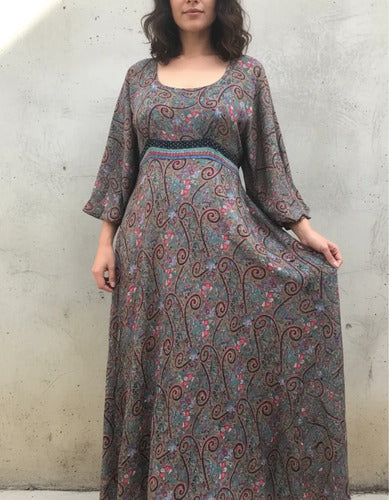 Vestido Largo Fiesta Importado Seda Hindú Amplio Gris Estampado Único