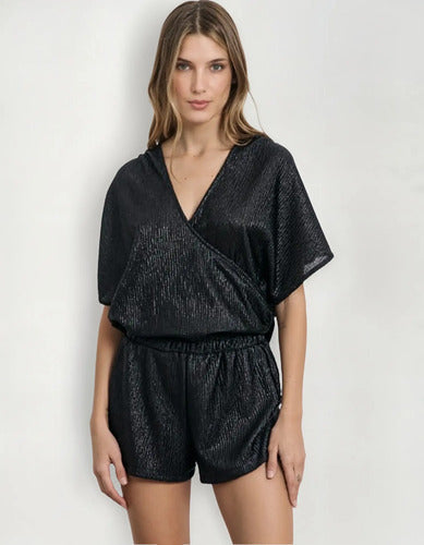 Short De Crepe Metalizado Fiesta Noche Negro Liso 38
