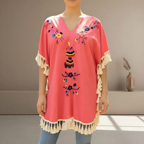 Túnica Poncho Blusa Grande Bordada Importada Amplia Rosa Bordado Único
